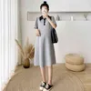 Zwangere vrouwen Zomerkleding Kort Mouw Blokkleur Turndown kraag Zwangerschapskleding Preppy stijl Zwangerschap Aline Jurken J220628