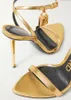 Kvinnor Sandal High Heels Tom-F-Sandal Gold Padlock Pointy Naked Heeled Sandals Patent Nappa Leather Heeled Golds Pump Ankel Strap 35-43