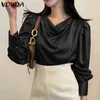 Women's Blouses & Shirts Women Elegant Blouse VONDA 2022 Casual Solid Color Pleated Long Sleeve Tops Ladies Puff Button Up Bohemian Blusas F