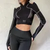 Women's TShirt ArtSu Black Crop Top Buckle Bandage Patchwork Mesh Sexy Tshirt Y2K Streetwear Cut Out Long Sleeve Pullover Tshirts Tees 230206