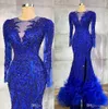 Luxus Royal Blue Mermaid Abendkleider Perlen Kristalle Sheer Neck Split Arabisch Aso Ebi Party Kleider Formelle Ballkleider Tragen