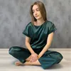 HECHAN Green Brown Women Sleepwear 2 Piece Set Round Neck Short Sleeve Top Solid Loose Pants Satin Home Wear Casual Suit Sets 220329