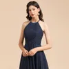 2022 Elegant Navy Blue Bridesmaid klänningar en linje halter nacke veckor ruffles lång hembiträde klänningar kvinnor tillfälle kväll prom kläder plus size bm3005 0702