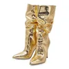 2022 New Lady Sheepskin Patent Leather Boots Stiletto High Heels Knight Pleated Half Ankle Booties 여성 만자 약탈 발가락 무릎 파티 웨딩 신발 큰 크기 34-48
