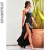 LOVELEMONADE Sexy noir épaules dénudées découpé fendu à volants réfléchissant Satin fête Maxi robe LM82202-A 220507