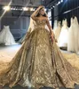 2022 Dubai Luxurious Golden Wedding Dress Princess Fairy Tale Bridal Ball Gown Long Royal Train Illusion Neck Vintage Glitter Sequins Bride Dresses Custom Made