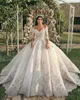 2023 Robes de mariée de luxe robe de bal sexy col en V manches longues dentelle fleur appliques paillettes perlées longueur de plancher volants sur mesure robe de mariée