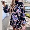 Southpire Navy Floral Print Loose Style Mini Dress Women Long Sleeve High Neck Party Ladies Day Casual Clothes Spring 220418