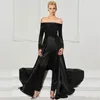 2022 Black Lace Jumpsuits aftonklänningar med löstagbart tåg från axelpärlade formella klänningar långa ärmar paljett prom dr254w
