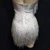 Scena zużycie błyszczącego kryształki białe bodysuit bodysuit kobiety seksowne klub strój fringe taniec jednoczęściowy piosenkarka leotard235p