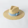 Berets 202207-HH5211B Drop Summer Hand Weave Straw Grass Color Bowknot Classic Fedoras Cap Men Women Panama Jazz HatBerets