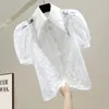 Blusas de mujer Camisas Manual con cuentas de solapa grande Organza Blusa Jacquard para mujeres 2022 Camisa de manga corta transparente de verano Exquisito Wh