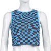 Women's Stretchy Crop Tops Trendy Irregular Plaid Print Sleeveless Crew Neck Ribbed Knitted T-Shirts Summer Retro Slim Tank Top