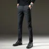 ブランドメンズウィンターフリースフラフ厚く暖かいカジュアルパンツ男性ビジネスストレート弾性厚い格子縞コットングレーのズボン220325