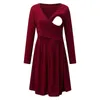 New Women's Maternity Dresses Long Sleeve Solid Color Nursing Dress Breastfeeding With Pocket G220309