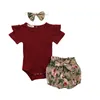 Summer Born Baby Girl Clothes Set Solid Color Short Sleeve Ruffle Romper Tops Flower Short Pants Pannband 3st spädbarnskläder 220509