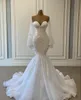 2022 Elegant vit sjöjungfru bröllopsklänningar brudklänningar pärlor spets applikation nigeriansk arabisk äktenskapsklänning robe de marie bc1065 c0620g04