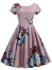 Sommar blommig tryck elegant a-line party klänning kvinnor smal vit kortärmad swing pin up vintage dresses robe femme 220418