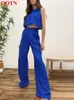 Ootn streetwear bawełniany lniany zbiornik O-Neck Summer Crop Top Fashion 2 sztuki zestawy elastyczne talia szerokopasmowe spodnie nogawkowe Kobiety