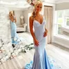 Blue Spaghetti Strap Mermaid Bridesmaid Dresses v Cut Back Satin Maid of Honor Dont Lace See من خلال Train Wedding Guest Dress 326 326