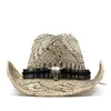 Słomkowe kapelusze Panama Western Cowboy Słomka Kobiety Summer Jazz Caps Beach Windproof Rope Out Wide Brim Hat