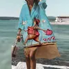 カジュアルドレスプラスサイズのビーチシャツの女性プリントVネック長袖ボヘミアンパーティーベスティドスローブサンドレス