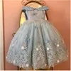 2022 Cute Light Sky Blue Girls Abiti da spettacolo Principessa Tulle Pizzo Appliques Perle Bambini Flower Girl Dress Ball Gown Abiti di compleanno Fiori fatti a mano B0603G5