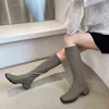 Square Toe Women Knee High Boots 2022 New Arrivals Brown Grey Black Back Zipper Stretch ShoesT220718