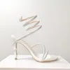 2022 4cm 8cm 10cm Sandalet Yüksek Topuklu Cleo Kristal Eşleştirilmiş Satin Margot Mücevher Snakelike Twining Renestone Rene Caovilla Kadınlar Yaz Kalın Stiletto