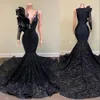 2023 Sexy Elegante Vestidos de Baile Sereia Manga Comprida Preto Lantejoulas Renda applique Jóia Pescoço Babados Menina Africana Gala Vestidos de Festa à Noite Lantejoulas Um Ombro