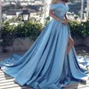 Nouvelle robe de bal bleue robes de bal décolleté en cœur fente latérale Satin longueur de plancher robes de soirée dit Mhamad