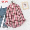 Tangada mujeres de gran tamaño estampado a cuadros estilo novio camisa de manga larga elegante mujer casual camisa suelta BAO4 220513