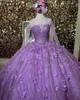 فستان quinceanera blingbling 2023 مع الأكمام البريق الترتر الكريستال الأزهار الحلو 16 ثوب Vestidos de 15 Anos Charro Mexican Light-Blue Lavender Quince Queen