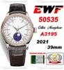 EWF Cellini Moonphase 50535 A3195 Automatik-Herrenuhr, Roségold, weißes Zifferblatt, echtes Meteorit-Braun-Leder, Super Edition, gleiche Serie, Garantiekarte, Zeitzonenuhr B2