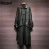 Nerazzurri Herbst Langer, gerüschter schwarzer Kunstleder-Trenchcoat für Damen, Raglanärmel, Schärpen, einreihiger PU-Ledermantel L220728