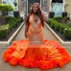 Orange Veet Prom Dresses Black Girl Mermaid Evening Gown Feathers Celebrity For Birthday Party Formal Gowns