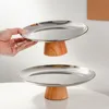 Custom Nordic Metal Fruit Plate Snacks Bowl Nut Dish Creative Round Wooden High Foot Serving Desktop Storage Tray 220621