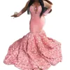 Pink Prom Dresses Meiamid for Womens V Neck Long Sleeves 3D FLowers African Women Formal Party Evening Gowns Plus Size