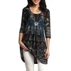 Fashion Women Blouse Digital Black Print Polyester Long Shirt Large Hem 34 Sleeve Woman Blouse And Top Ladies Clothing 220726