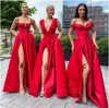 2022 Red High Slit rode bruidsmeisjekleding Square kraag spaghetti riem pocket a line dames lange bruiloftsfeestjurk Vestidos b0603g010