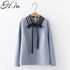 HSA Spring Women Blue Elegant Office Shirt Bow Tie Neck Långärmad avslappnad skjorta Topp tjock fleeced bulus lady tops blus 210716