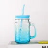 500 ml creatieve gradiënt kleur glazen waterfles sap drink transparant met stro pik cup handgreep metselaarbekers voor volwassen ZC1237