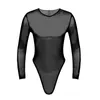 Catsuit Costumes Mens Lingerie See-Through Mesh Bodysuit Sleepwear Long Sleeve High-Cut Thongs Back Zipper Leotard Slim Fit Jumpsuit