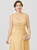 Gold A-Linie Kleider für die Brautmutter 2022 Plus Size Elegant Illusion Neck Sweep Zug Chiffon Perlen Spitze Kappenärmel Formelle Partykleider Robe De Soriee