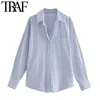 Traf Women Fashion Office Wear Striped Loose Bluses Vintage Long Sleeve Pockets Female Shirts Chic Tops 210308