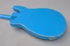 Factory Custom Semi-hollow Blue Electric Bass Guitar with White Pickguard Red Rosewood Fingerboard Offer Customized