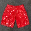 Men's Shorts Reflective PU Leather Knee Length Summer Cropped Trousers Men's Loose Cross Pants Large Hip Hop Dance Costume Silver RedMen