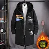Hommes Trench Manteaux Polaire Veste D'hiver Hommes Imprimer Japonais À Capuche Long Manteau Noir Hip Hop Streetwear Épais Vestes Viol22