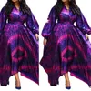 Plus Size Dresses Dress 2022 Purple Elegant Women's High midja Löst tryck Lång kjol Evening Retro Puff Sleeves Wholesale Direct Salesp