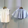 Kinderen Designer Kleding Sets Girls Summer Mode Pakken Baby Mouwloze witte tops Denim Blauwe rokken Outfits Kind Katoen Ruche Vest Bowknot Rokken B8236